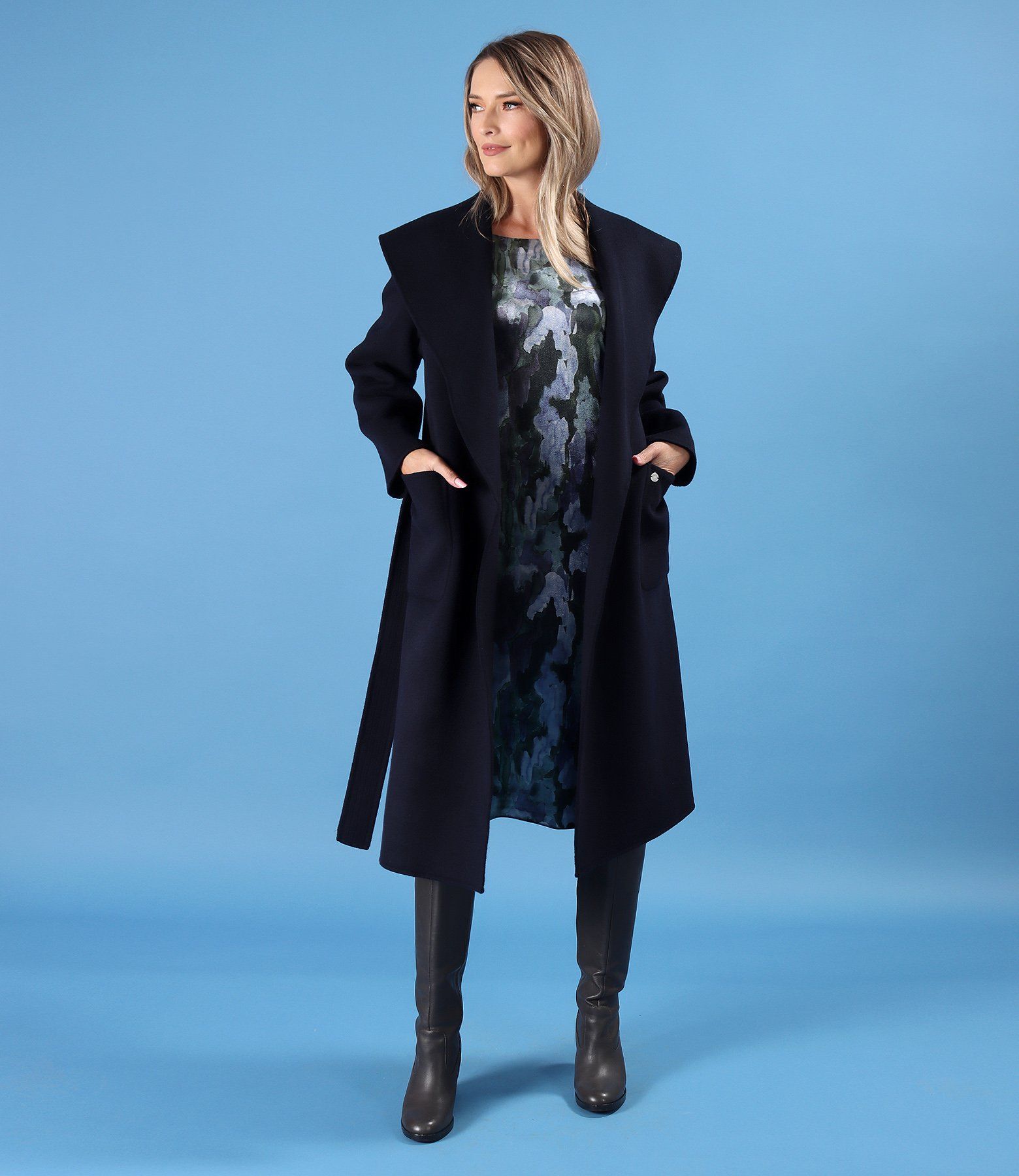 Pardesiu elegant din stofa cu lana si casmir bleumarin - YOKKO