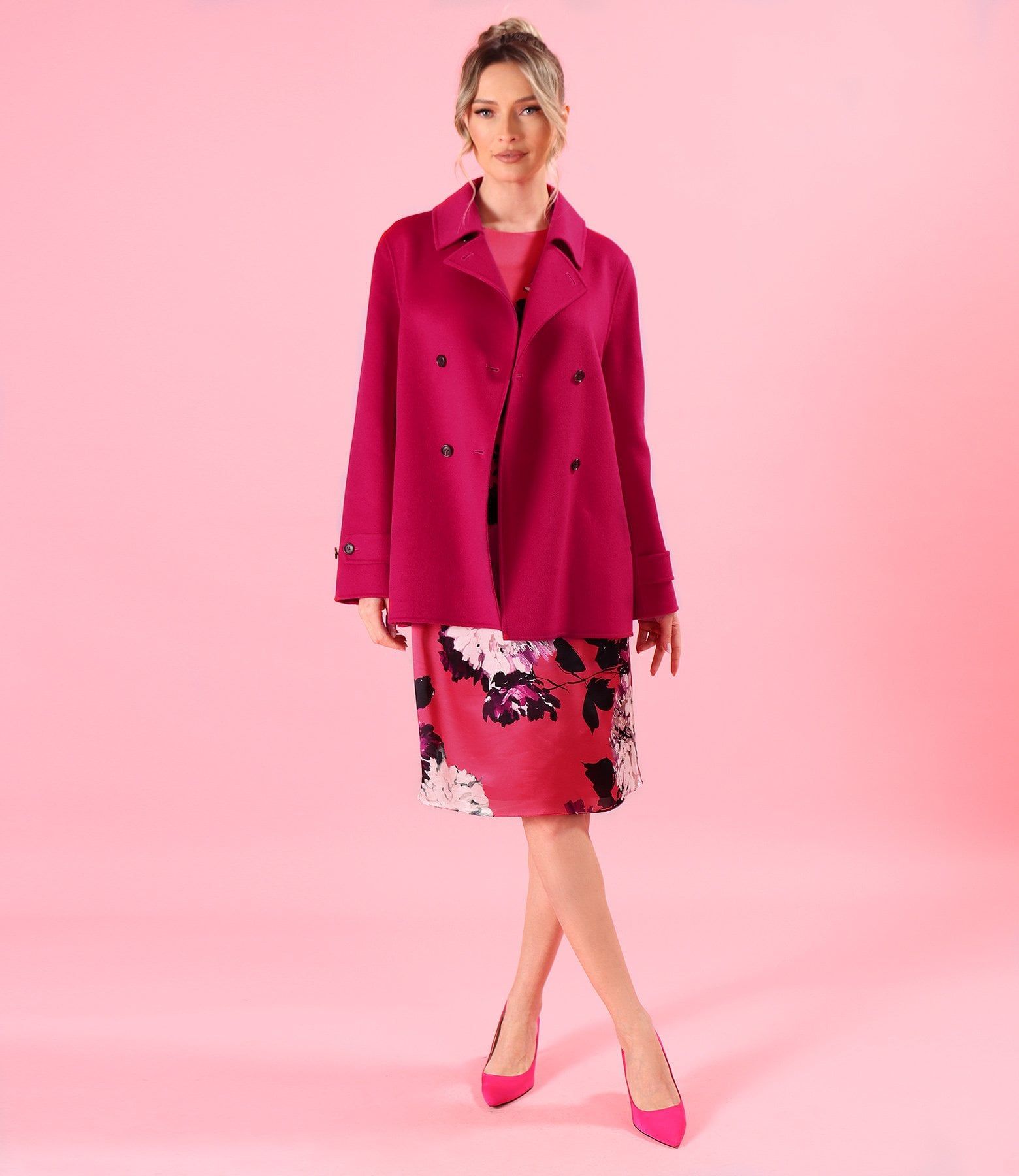 Jacheta scurta eleganta din stofa cu lana si casmir fuchsia - YOKKO