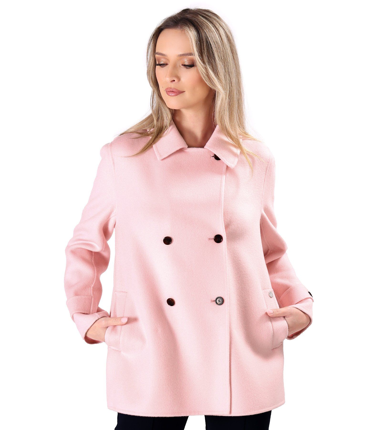Jacheta scurta eleganta din stofa cu lana si casmir roz nud - YOKKO