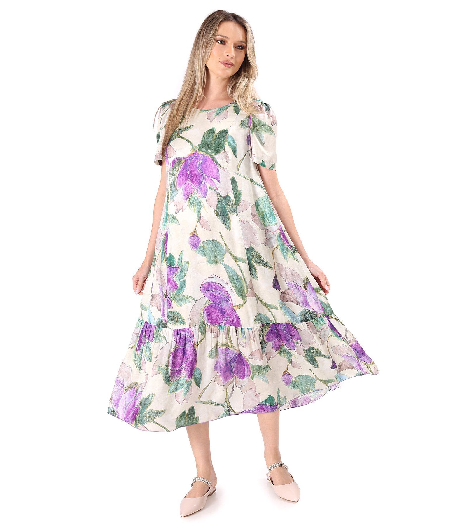 Rochie midi lejera din viscoza cu matase naturala bej - YOKKO