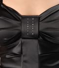 Rochie saten negru cu falduri si aplicatie cristale
