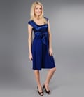 Rochie jerse albastru cu funda din satin sub bust