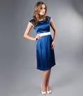 Rochie din saten albastru cu garnitura contrast si falduri