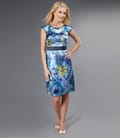Rochie din saten albastru cu imprimeu floral si falduri