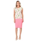 Tinuta office cu bluza din jerse elastic imprimat cu flori si fusta cu fermoar pe fata