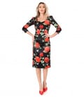 Rochie eleganta midi din saten elastic cu trandafiri