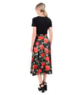 Bluza din jerse elastic uni cu fusta midi din saten imprimat cu trandafiri