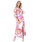 Rochie lunga tip camasa din satin de viscoza imprimata cu motive florale