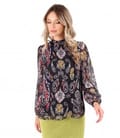 Bluza lejera din voal imprimat cu motive paisley si cu picouri din catifea
