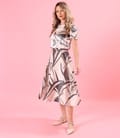 Rochie midi eleganta din viscoza satinata imprimata cu motive geometrice