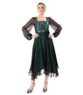 Rochie de seara midi cu bust din brocard cu fir metalic