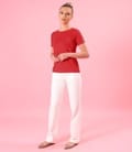 Pantaloni drepti din bumbac tip denim alb-ecru