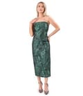 Rochie midi de cocktail cu corset din brocard cu fir metalic si motive florale