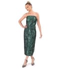Rochie midi de cocktail cu corset din brocard cu fir metalic si motive florale