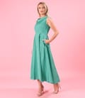 Rochie midi de cocktail din tafta usoara cu guler bie si trena la spate