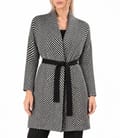 Cardigan lung tricotat cu lana si alpaca, cu model zigzag si cordon in talie