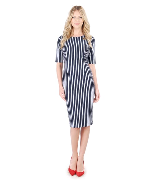 Rochie midi din jerse elastic imprimat cu dungi