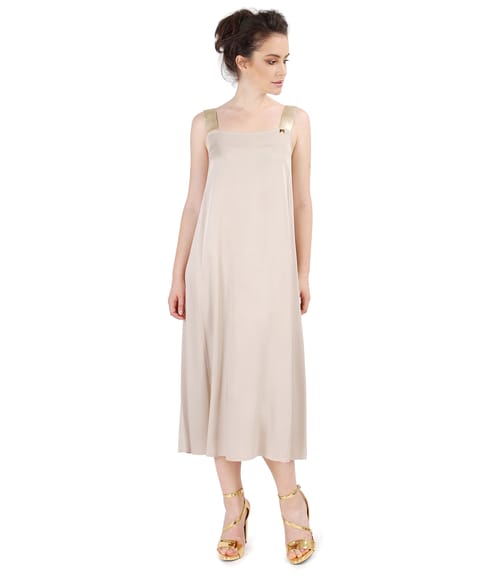 Rochie de seara cu bretele aurii si aplicatie de cristale