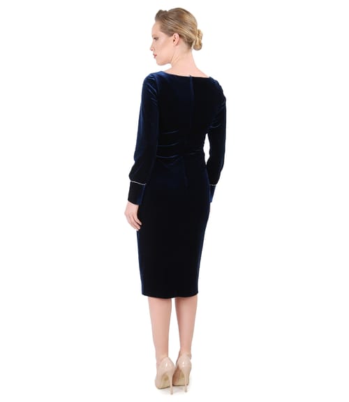 Rochie de seara din catifea cu aplicatie de cristale  pe mansete