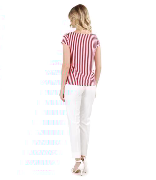 Pantaloni pana din viscoza si tricou imprimat cu dungi si funda pe decolteu