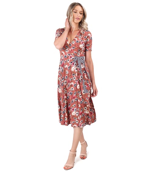 Rochie midi petrecuta din jerse elastic imprimat cu motive florale