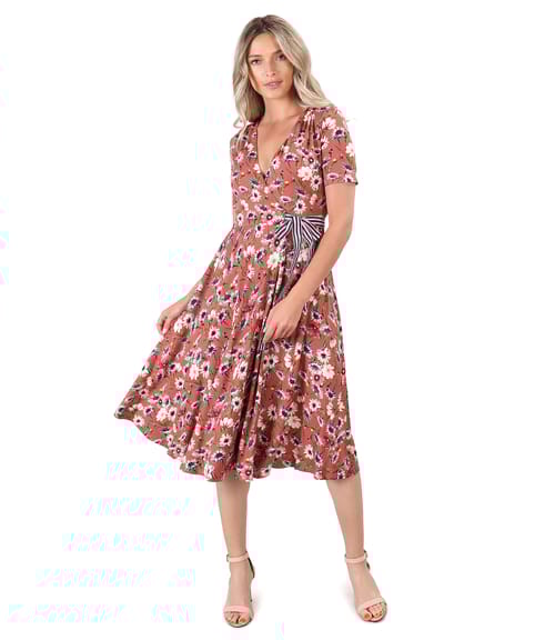 Rochie midi petrecuta din jerse elastic imprimat cu motive florale