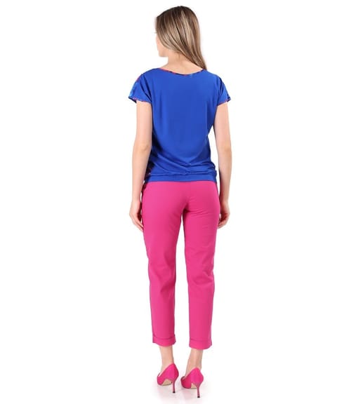 Pantaloni din bumbac elastic cu bluza lejera cu fata din voal imprimat
