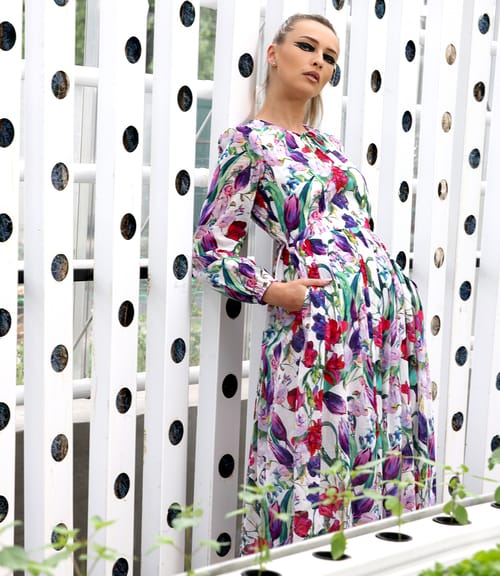 Rochie midi din voal de bumbac imprimat cu motive florale
