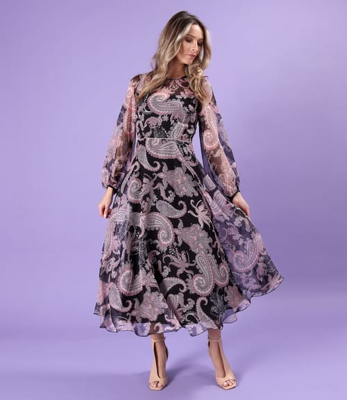 Rochie midi din voal fin imprimat digital cu motive paisley