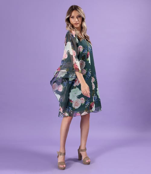 Rochie fluture din voal fin imprimat digital cu motive florale