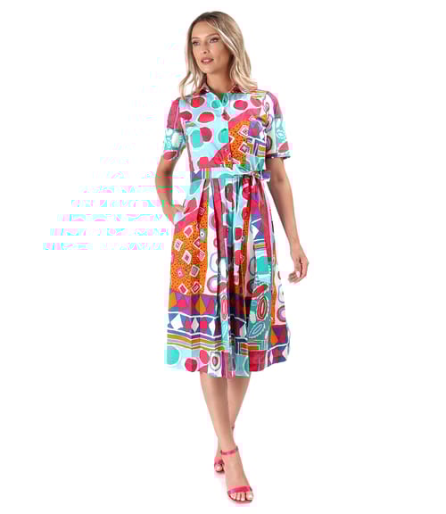 Rochie tip camasa din bumbac elastic imprimat