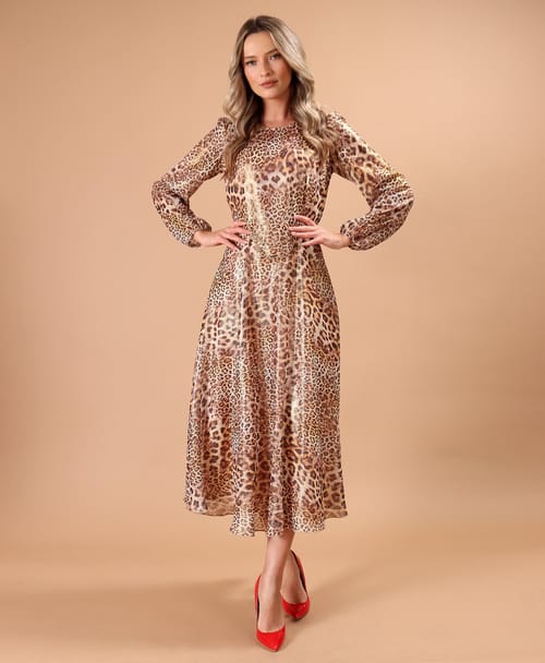 Rochie midi din voal cu animal print si fir de lurex