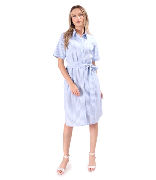 Rochie tip camasa din in cu bumbac imprimat cu dungi
