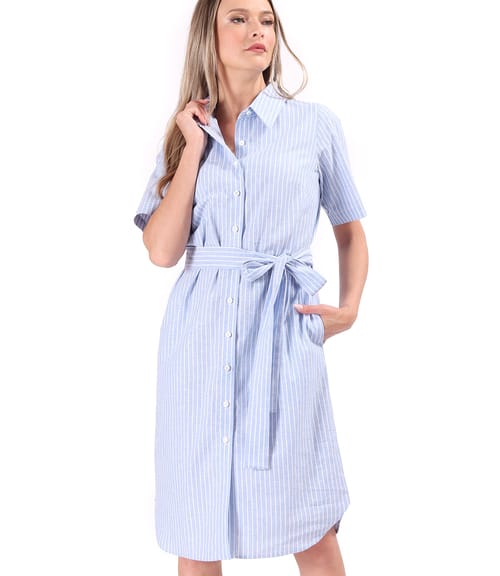 Rochie tip camasa din in cu bumbac imprimat cu dungi