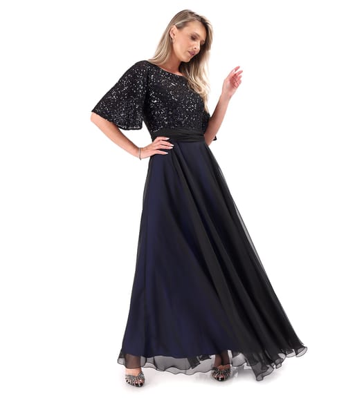 Rochie lunga de ocazie din voal cu bust si maneci din paiete