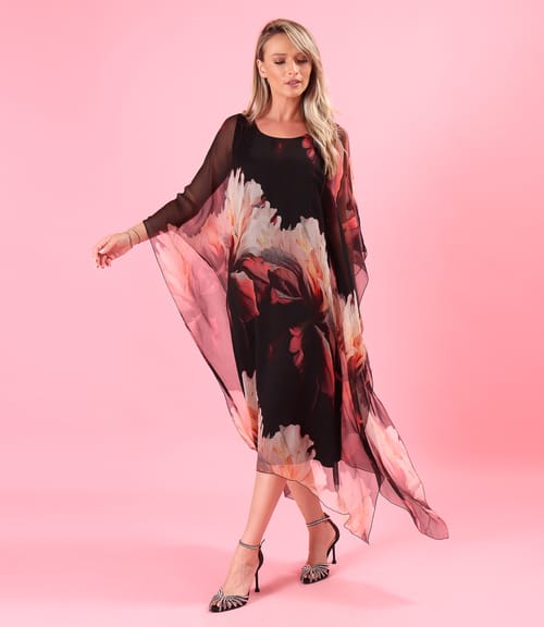 Rochie midi fluture din voal de matase naturala imprimata cu motive florale