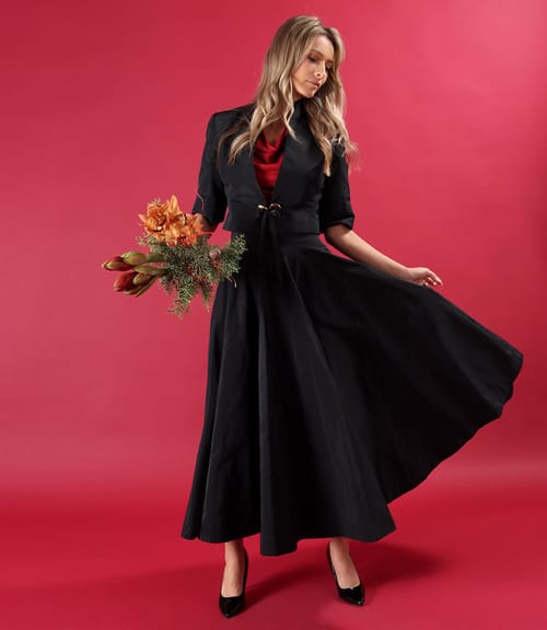 Fusta lunga clos din tafta cu elastic decorativ pe spate