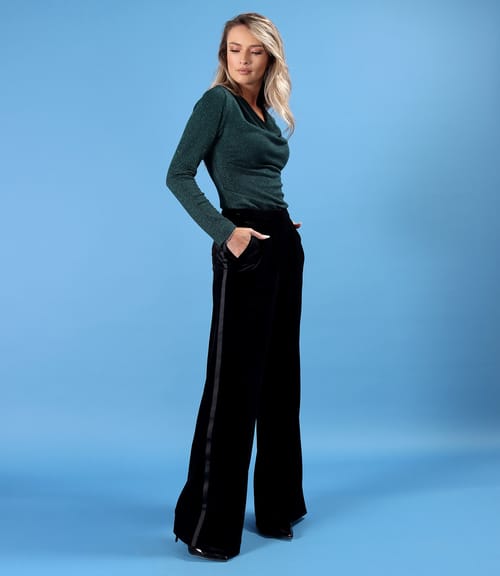 Bluza din jerse elastic cu fir metalic si cu decolteu in falduri