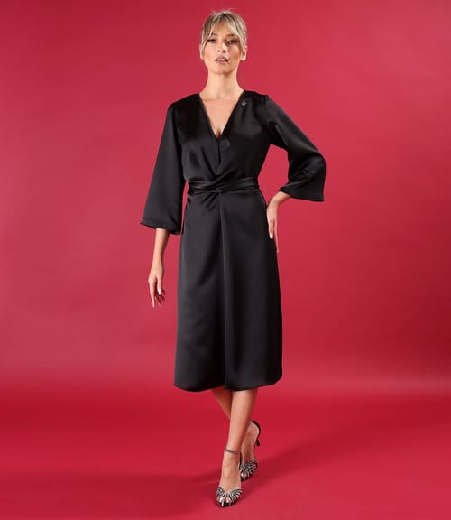 Rochie midi satinata cu cordon rasucit in talie