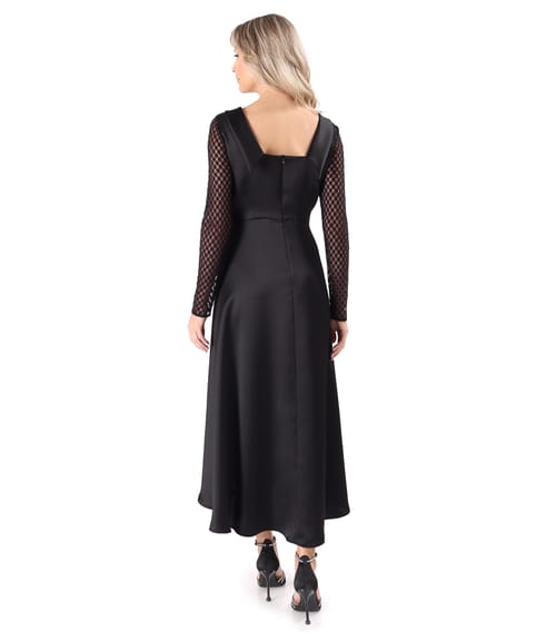 Rochie midi satinata cu maneci lungi din dantela