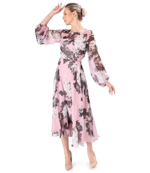 Rochie midi din voal fin imprimat cu motive florale