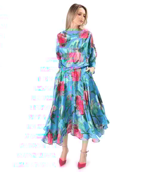 Rochie midi din viscoza cu matase naturala imprimata cu motive florale