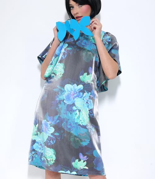 Rochie de seara din viscoza satinata cu motive florale