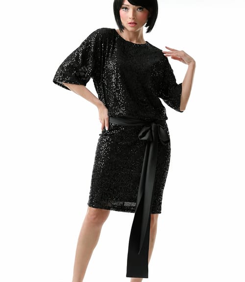 Rochie de cocktail din paiete cu cordon din satin in talie