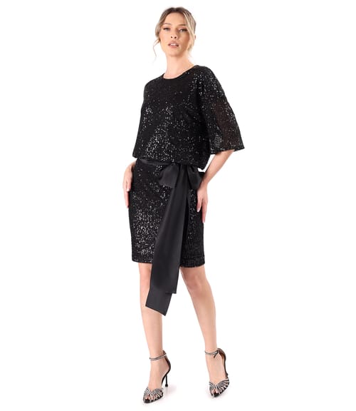 Rochie de cocktail din paiete cu cordon din satin in talie