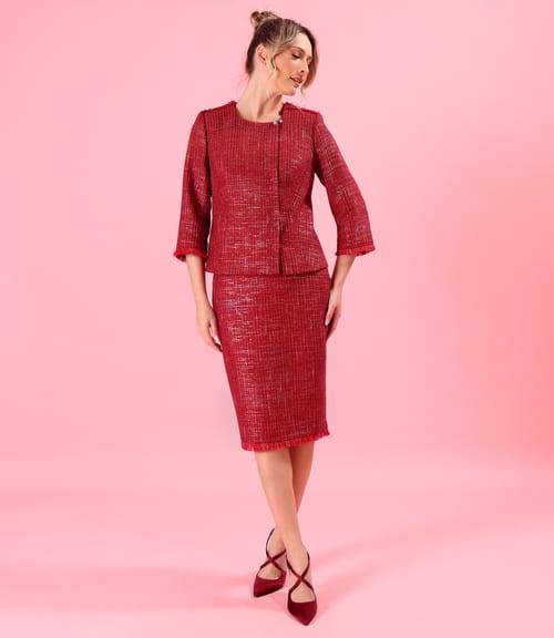 Costum dama office cu sacou si fusta din bucle de bumbac cu fir argintiu