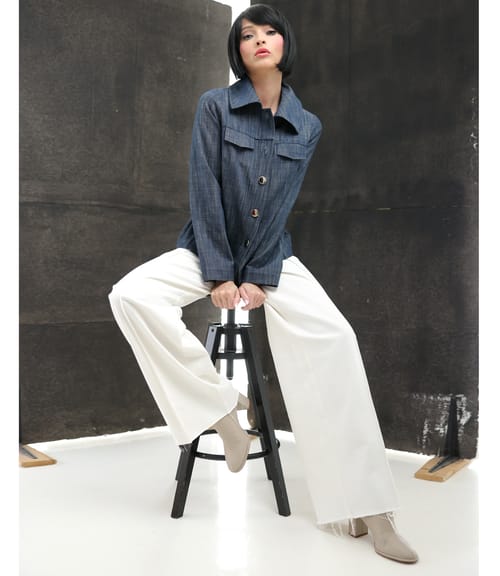 Pantaloni largi din bumbac tip denim alb-ecru