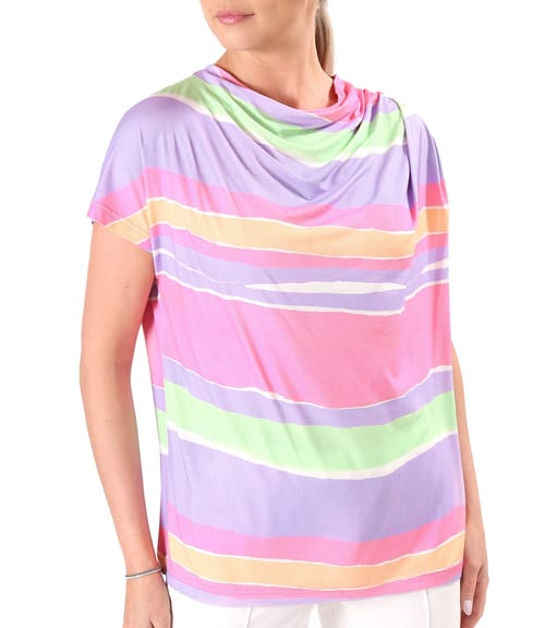 Bluza lejera cu pliuri pe umar din jerse elastic imprimat cu dungi