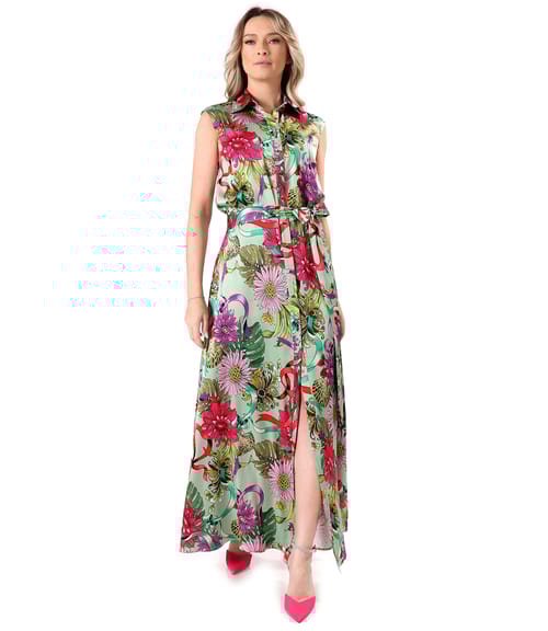 Rochie lunga din viscoza satinata imprimata cu motive florale
