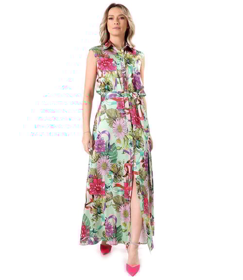 Rochie lunga din viscoza satinata imprimata cu motive florale